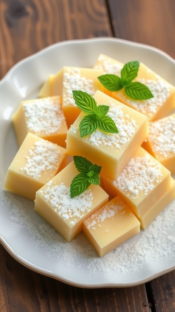 Soft golden squares of Butter Asako Yuzuki dessert, dusted with powdered sugar, garnished with mint leaves on a rustic table.